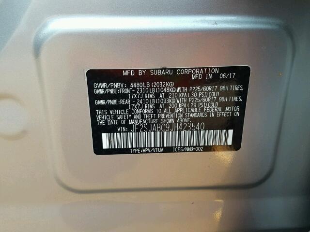 JF2SJABC9JH423540 - 2018 SUBARU FORESTER 2 SILVER photo 10