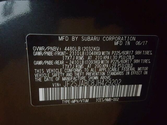 JF2SJABC8JH429202 - 2018 SUBARU FORESTER 2 BLACK photo 10