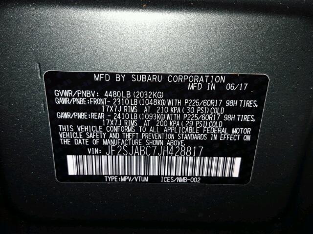 JF2SJABC7JH428817 - 2018 SUBARU FORESTER 2 GRAY photo 10