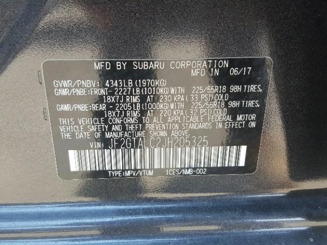 JF2GTALC2JH205325 - 2018 SUBARU CROSSTREK GRAY photo 10