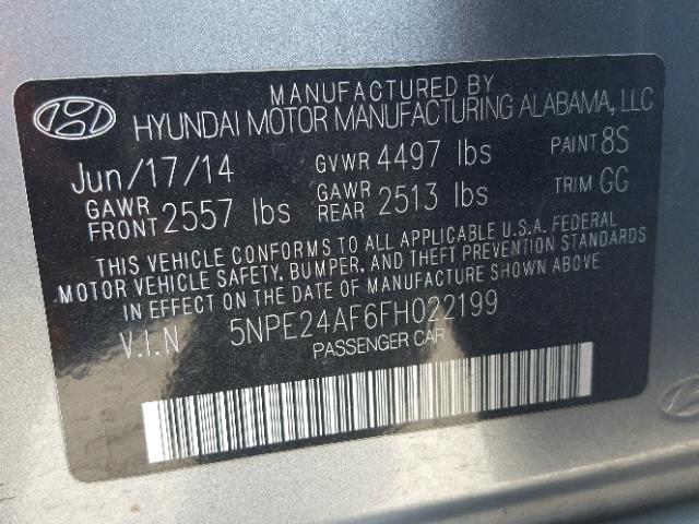 5NPE24AF6FH022199 - 2015 HYUNDAI SONATA SE SILVER photo 10