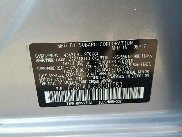 JF2GTAJC2J8201553 - 2018 SUBARU CROSSTREK SILVER photo 10