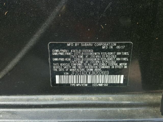 JF2GTADCXJH202669 - 2018 SUBARU CROSSTREK GRAY photo 10