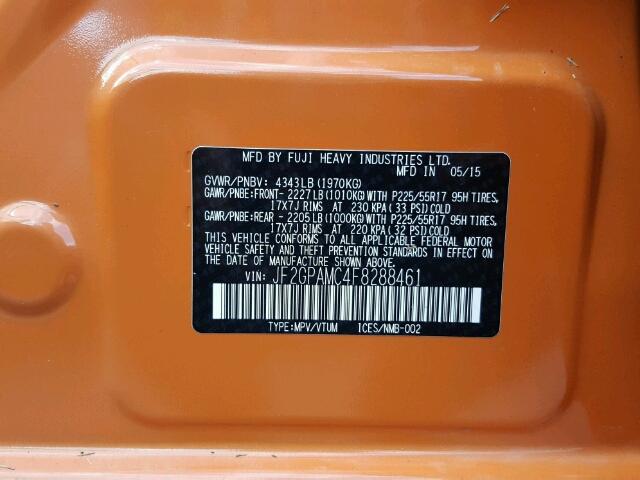 JF2GPAMC4F8288461 - 2015 SUBARU XV CROSSTR ORANGE photo 10