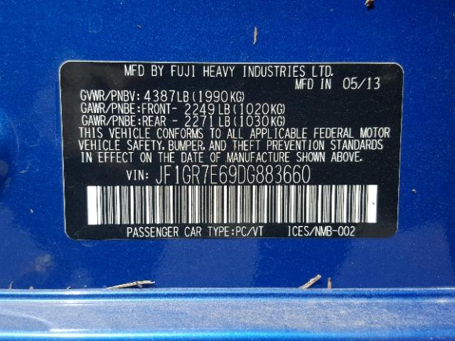 JF1GR7E69DG883660 - 2013 SUBARU IMPREZA WR BLUE photo 10