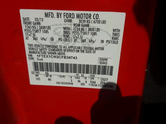 1FTEX1CM2CFB34743 - 2012 FORD F150 SUPER RED photo 10