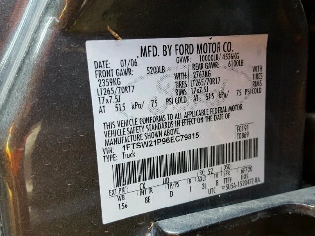 1FTSW21P96EC79815 - 2006 FORD F250 GRAY photo 10