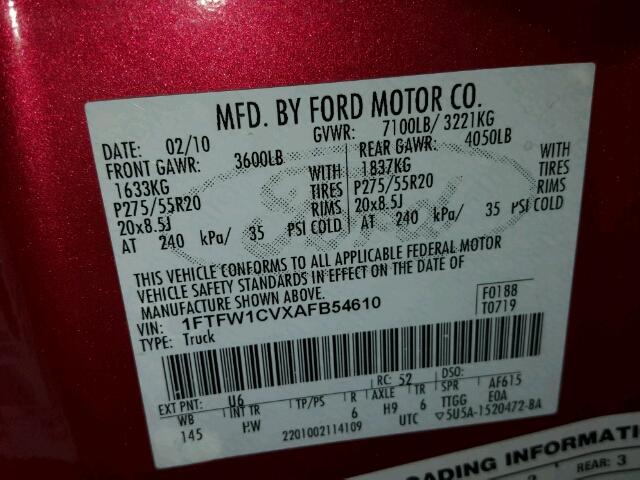 1FTFW1CVXAFB54610 - 2010 FORD F150 RED photo 10