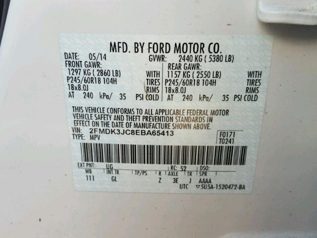 2FMDK3JC8EBA65413 - 2014 FORD EDGE WHITE photo 10