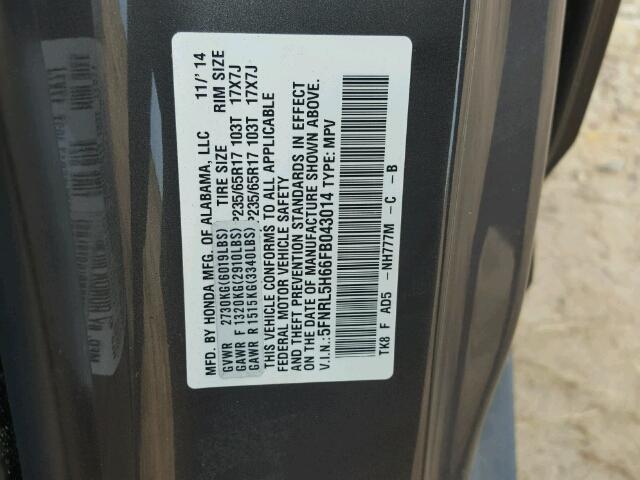 5FNRL5H66FB043014 - 2015 HONDA ODYSSEY GRAY photo 10