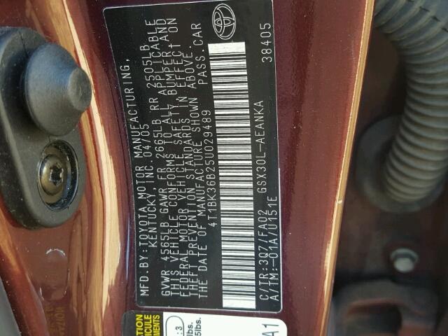 4T1BK36B25U029489 - 2005 TOYOTA AVALON MAROON photo 10