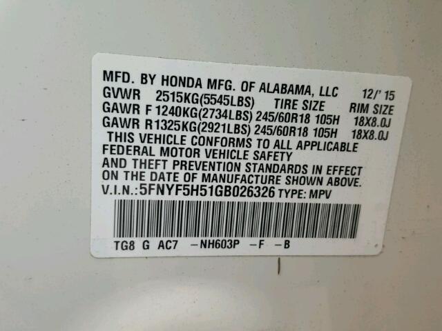 5FNYF5H51GB026326 - 2016 HONDA PILOT WHITE photo 10