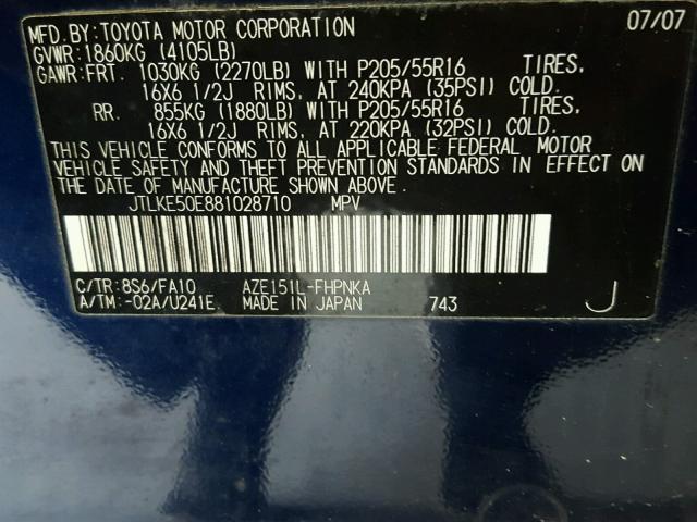 JTLKE50E881028710 - 2008 TOYOTA SCION XB Mavi foto 10