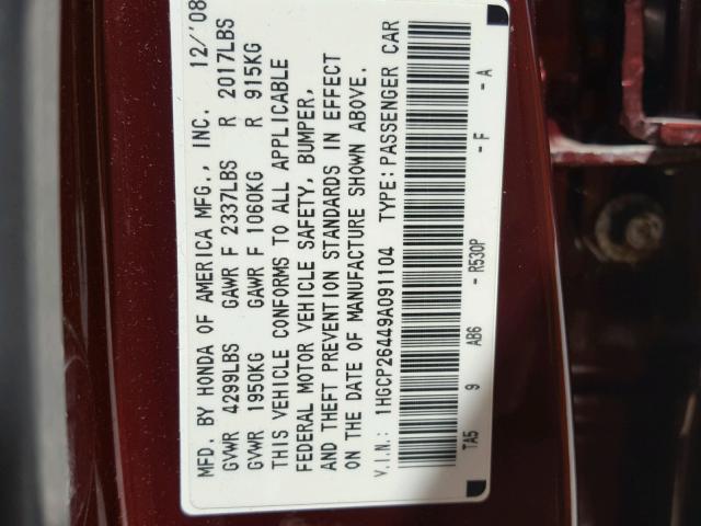 1HGCP26449A091104 - 2009 HONDA ACCORD LXP MAROON photo 10