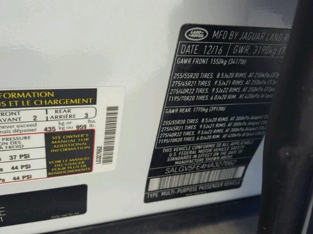 SALGV5FE4HA327662 - 2017 LAND ROVER RANGE ROVE WHITE photo 10