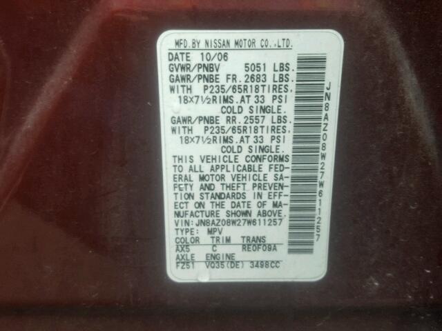 JN8AZ08W27W611257 - 2007 NISSAN MURANO SL MAROON photo 10