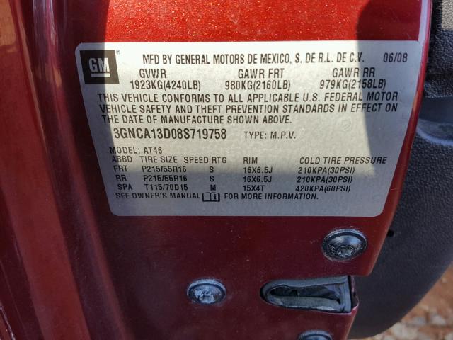 3GNCA13D08S719758 - 2008 CHEVROLET HHR LS წითელი ფოტო 10