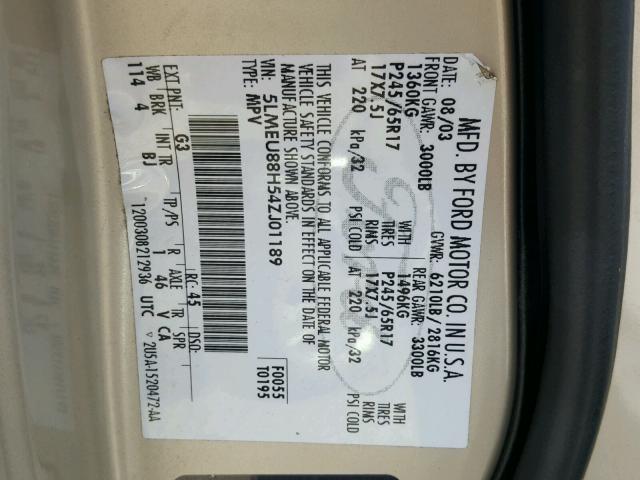 5LMEU88H54ZJ01189 - 2004 LINCOLN AVIATOR 棕色 照片 10