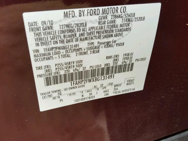 1FAHP2FWXBG131491 - 2011 FORD TAURUS BURGUNDY photo 10