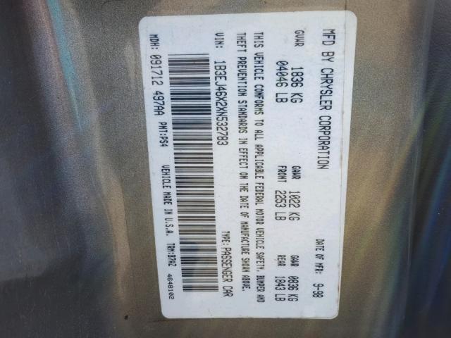 1B3EJ46X2XN532783 - 1999 DODGE STRATUS GRAY photo 10