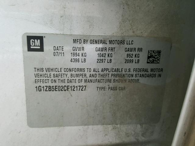 1G1ZB5E02CF121727 - 2012 CHEVROLET MALIBU LS ვერცხლისფერი ფოტო 10