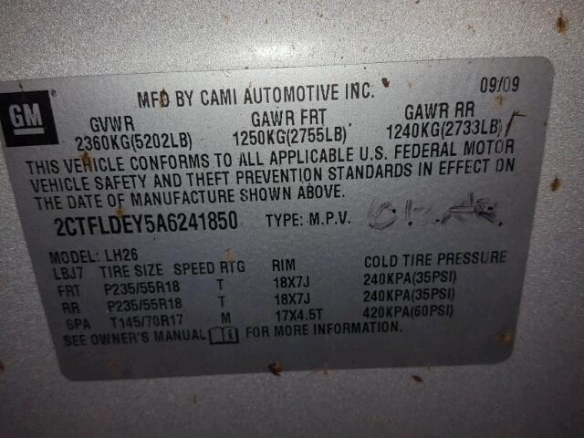 2CTFLDEY5A6241850 - 2010 GMC TERRAIN SL SILVER photo 10