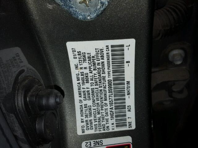 1HGFA16577L059900 - 2007 HONDA CIVIC GRAY photo 10