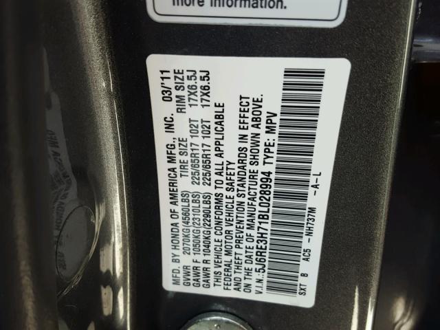 5J6RE3H71BL028994 - 2011 HONDA CR-V EXL SILVER photo 10