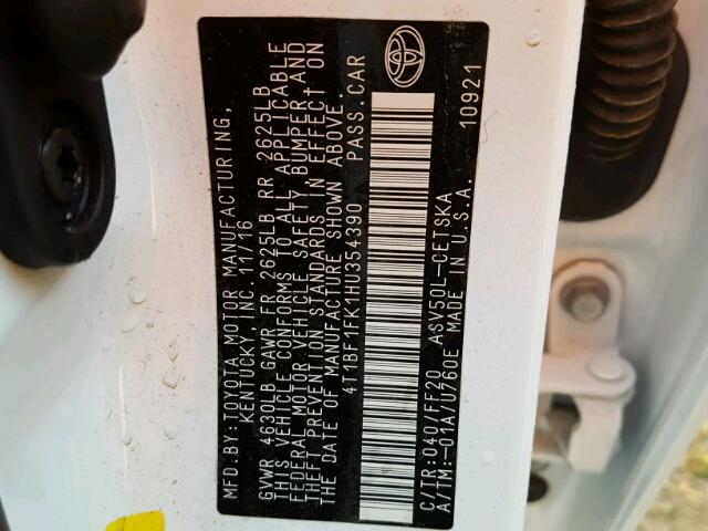 4T1BF1FK1HU354390 - 2017 TOYOTA CAMRY LE თეთრი ფოტო 10