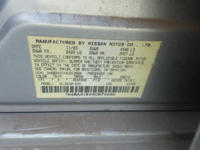 1N4BA41E44C873560 - 2004 NISSAN MAXIMA SE GRAY photo 10