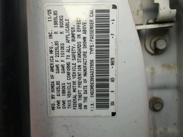 1HGCM56396A037956 - 2006 HONDA ACCORD SE WHITE photo 10