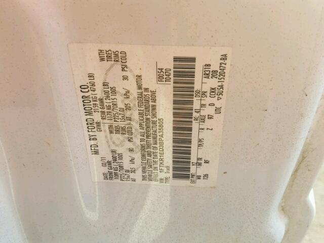 1FTKR1ED3BPA35805 - 2011 FORD RANGER WHITE photo 10