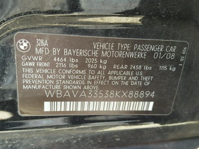 WBAVA33538KX88894 - 2008 BMW 328 BLACK photo 10