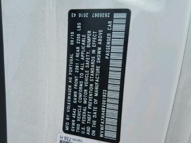 WVWFA7AH4BV001923 - 2011 VOLKSWAGEN EOS LUX 白色 照片 10