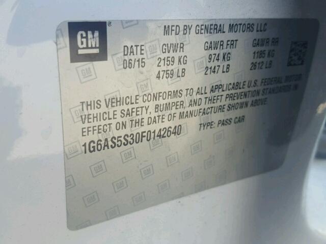 1G6AS5S30F0142640 - 2015 CADILLAC CTS PERFOR Weiß Foto 10