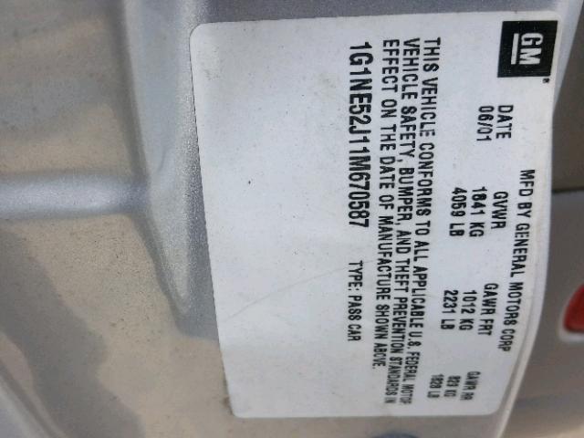 1G1NE52J11M670587 - 2001 CHEVROLET MALIBU LS SILVER photo 10