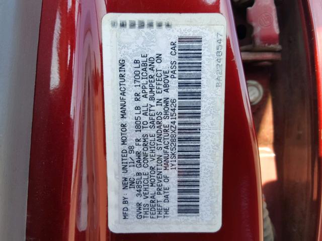 1Y1SK5288XZ415426 - 1999 CHEVROLET GEO PRIZM 红色 照片 10