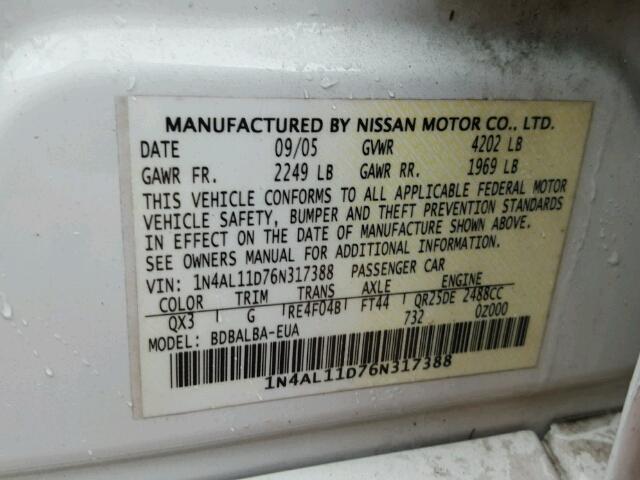 1N4AL11D76N317388 - 2006 NISSAN ALTIMA S WHITE photo 10