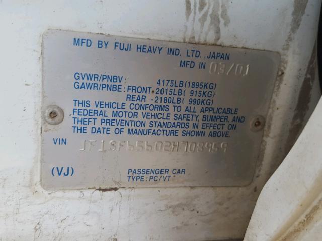 JF1SF65602H708959 - 2002 SUBARU FORESTER S WHITE photo 10