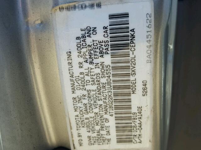 4T1BG22K31U804555 - 2001 TOYOTA CAMRY CE SILVER photo 10