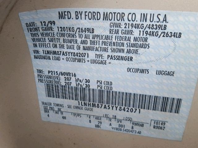 1LNHM87A5YY842071 - 2000 LINCOLN LS 奶油色 照片 10