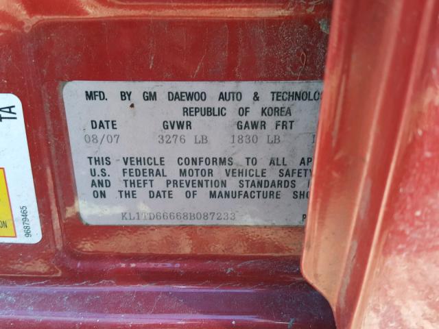 KL1TD66668B087233 - 2008 CHEVROLET AVEO BASE Կարմիր լուսանկար 10