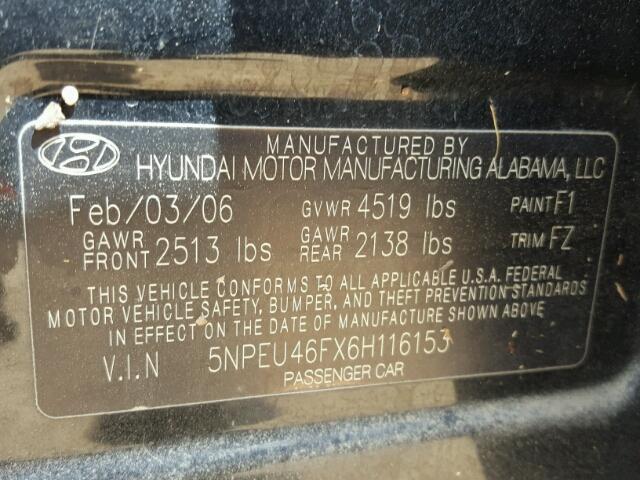 5NPEU46FX6H116153 - 2006 HYUNDAI SONATA GLS BLACK photo 10