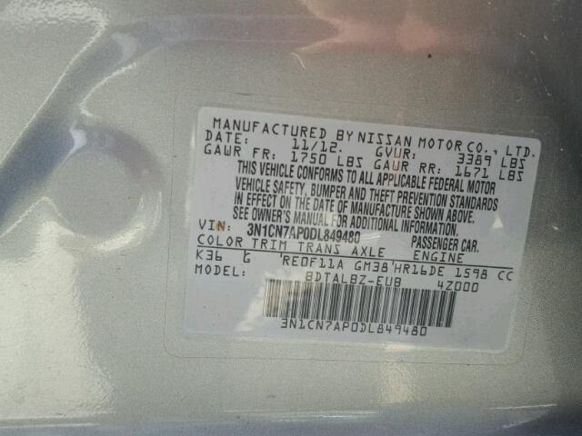 3N1CN7AP0DL849480 - 2013 NISSAN VERSA S 灰色 照片 10