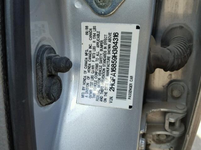 2HGFA16859H304316 - 2009 HONDA CIVIC EX SILVER photo 10