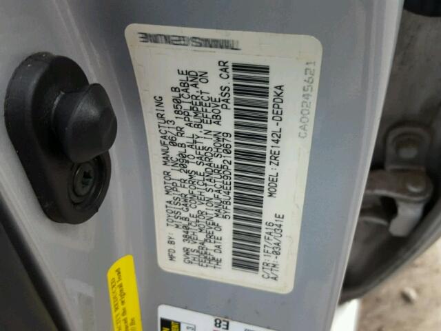 5YFBU4EE9DP210679 - 2013 TOYOTA COROLLA BA SILVER photo 10