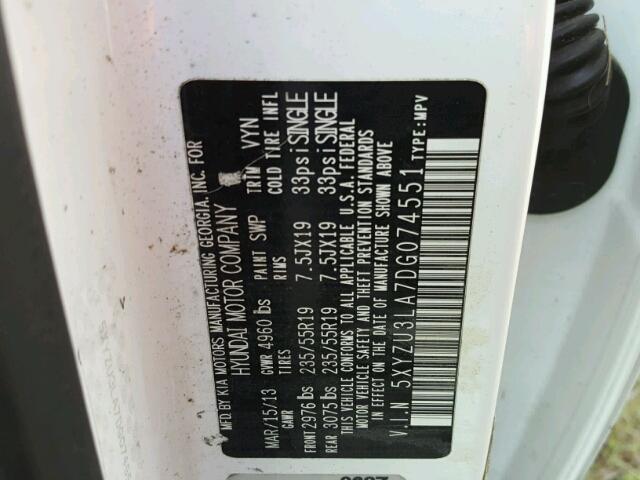 5XYZU3LA7DG074551 - 2013 HYUNDAI SANTA FE S WHITE photo 10