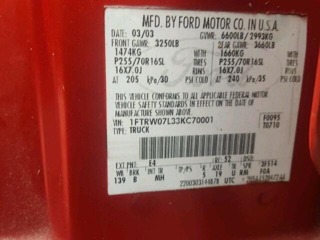 1FTRW07L33KC70001 - 2003 FORD F150 BURGUNDY photo 10