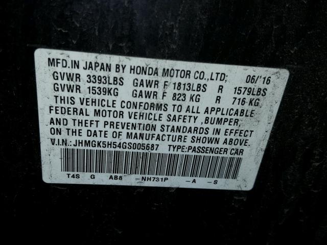 JHMGK5H54GS005687 - 2016 HONDA FIT LX BLACK photo 10