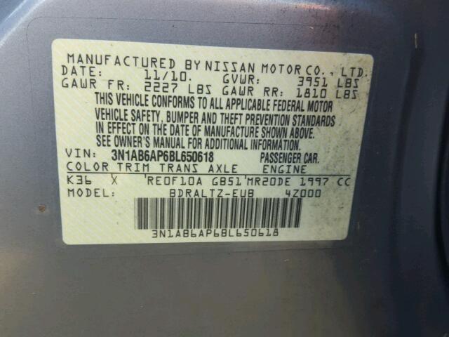 3N1AB6AP6BL650618 - 2011 NISSAN SENTRA GRAY photo 10